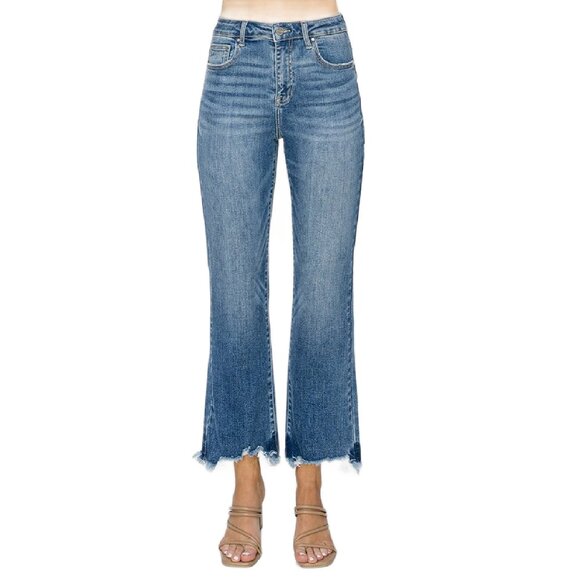 Risen Crop Flare Non Distressed Jeans With Detailed Hem - Picture 5 of 5